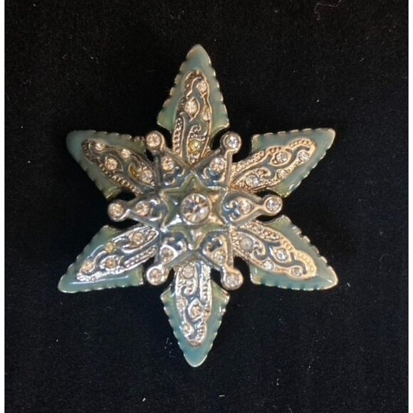 Vintage Monet Flower Rhinestone Brooch Green Enamel Snowflake Star - Picture 2 of 7